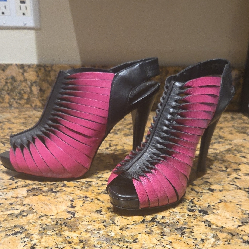 BCBG Black and Pink Heels with Architectural Pleating